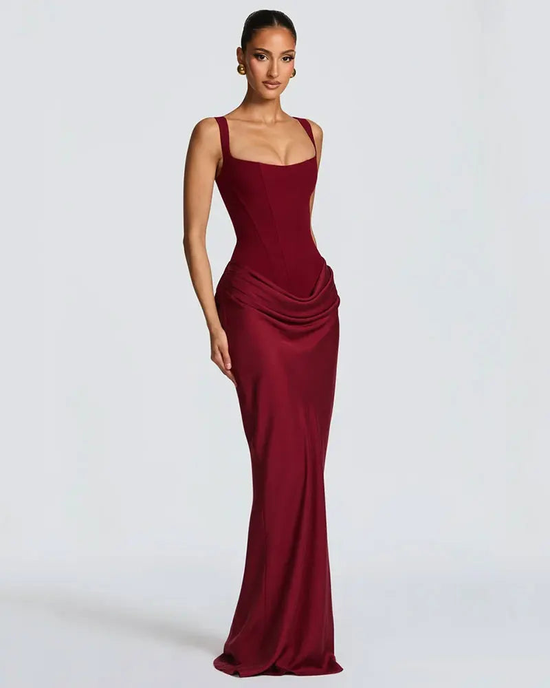 GACVGA Backless Ruched Sexy Maxi Dress Women Elegant Tapered Straps Sleeveless Bodycon Club Party Evening Long Dress
