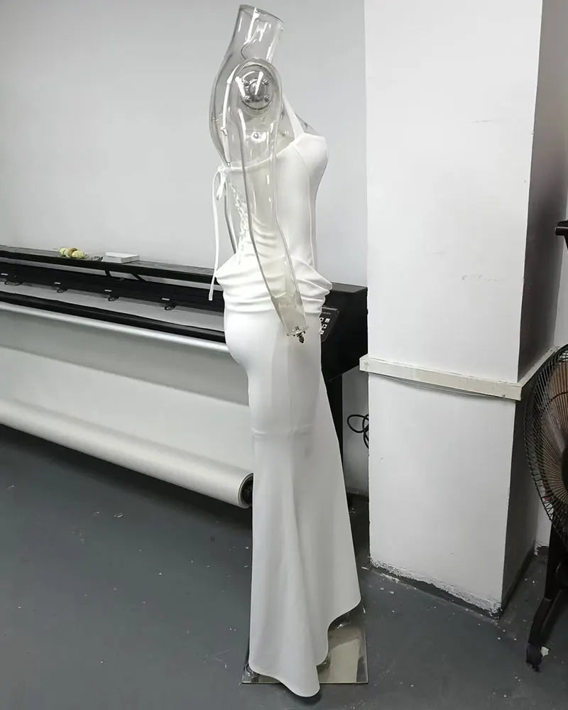 GACVGA Backless Ruched Sexy Maxi Dress Women Elegant Tapered Straps Sleeveless Bodycon Club Party Evening Long Dress