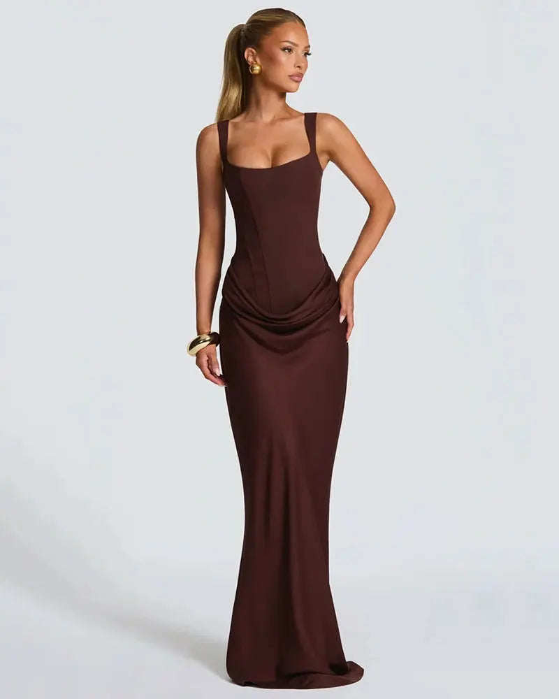 GACVGA Backless Ruched Sexy Maxi Dress Women Elegant Tapered Straps Sleeveless Bodycon Club Party Evening Long Dress