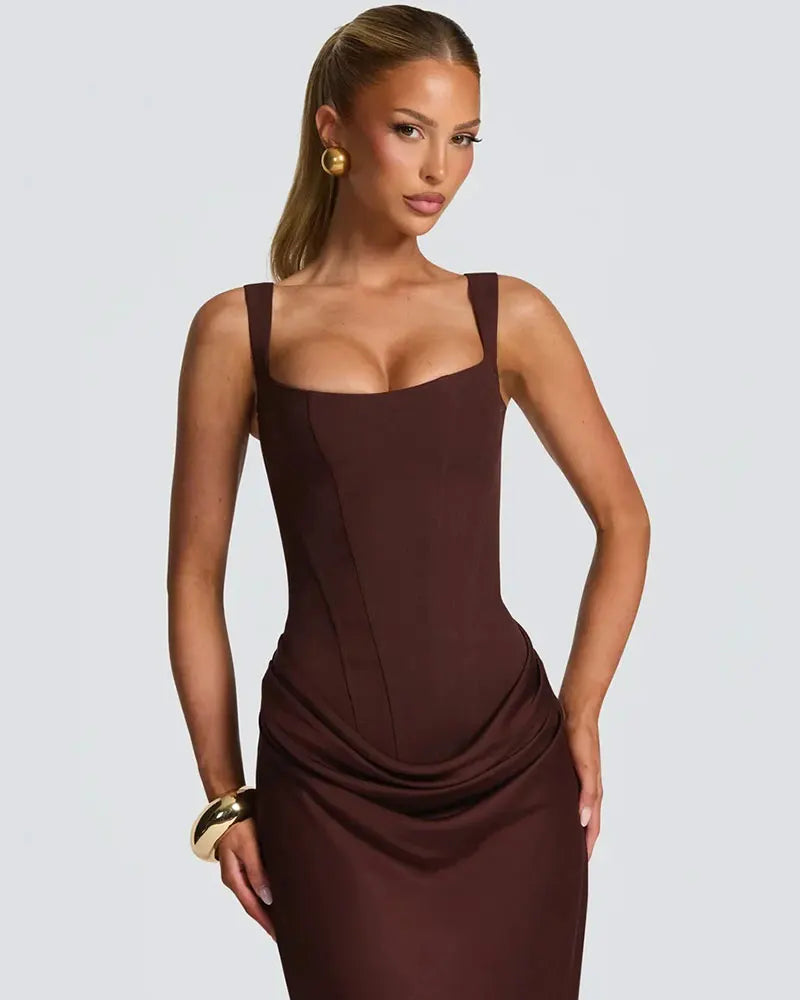 GACVGA Backless Ruched Sexy Maxi Dress Women Elegant Tapered Straps Sleeveless Bodycon Club Party Evening Long Dress