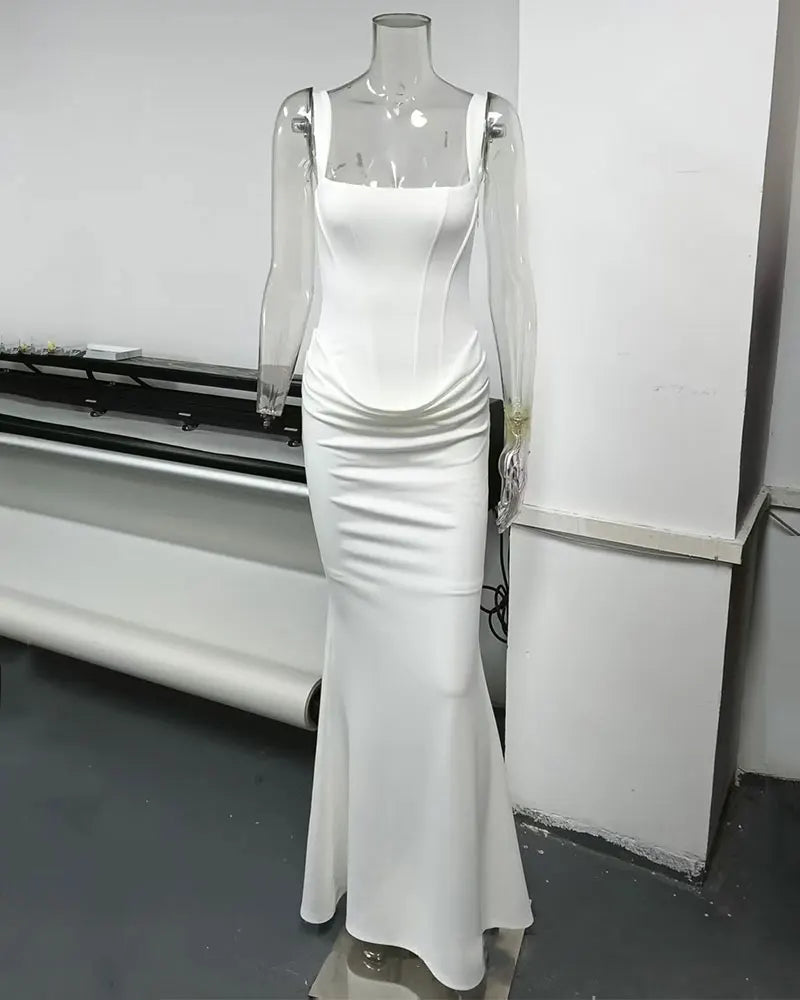 GACVGA Backless Ruched Sexy Maxi Dress Women Elegant Tapered Straps Sleeveless Bodycon Club Party Evening Long Dress