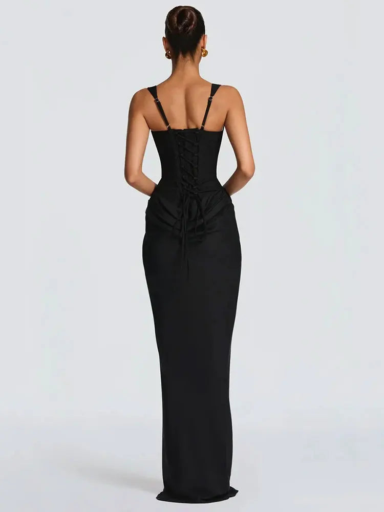 GACVGA Backless Ruched Sexy Maxi Dress Women Elegant Tapered Straps Sleeveless Bodycon Club Party Evening Long Dress