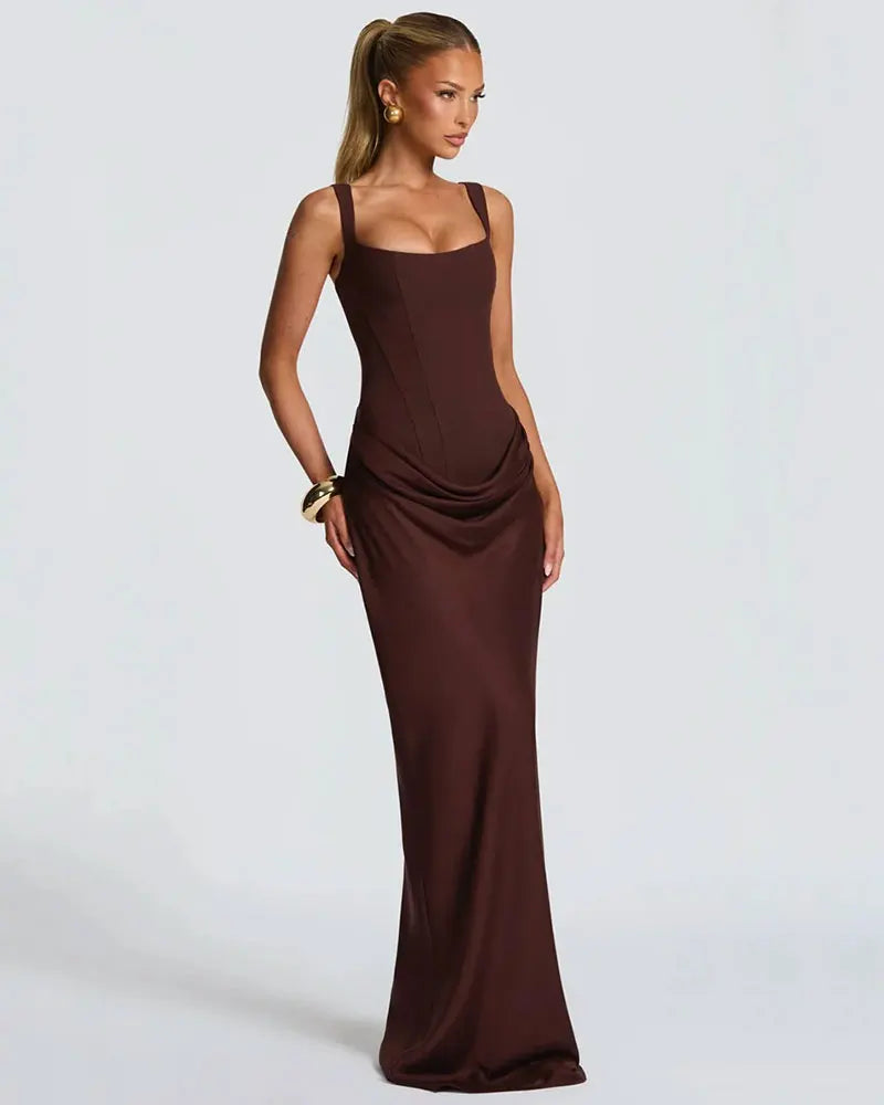 GACVGA Backless Ruched Sexy Maxi Dress Women Elegant Tapered Straps Sleeveless Bodycon Club Party Evening Long Dress