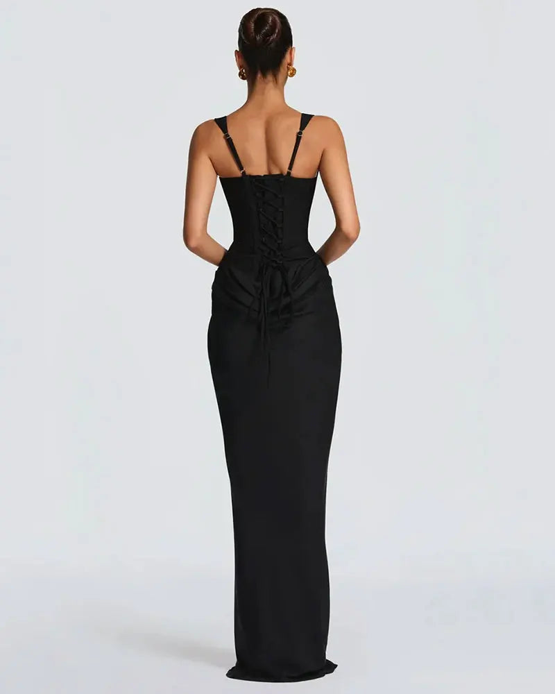 GACVGA Backless Ruched Sexy Maxi Dress Women Elegant Tapered Straps Sleeveless Bodycon Club Party Evening Long Dress