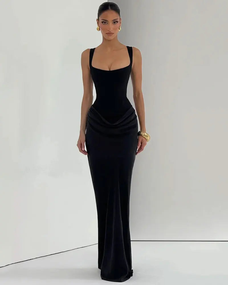 GACVGA Backless Ruched Sexy Maxi Dress Women Elegant Tapered Straps Sleeveless Bodycon Club Party Evening Long Dress