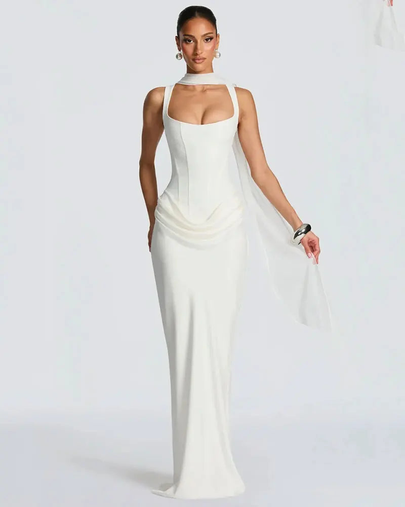 GACVGA Backless Ruched Sexy Maxi Dress Women Elegant Tapered Straps Sleeveless Bodycon Club Party Evening Long Dress