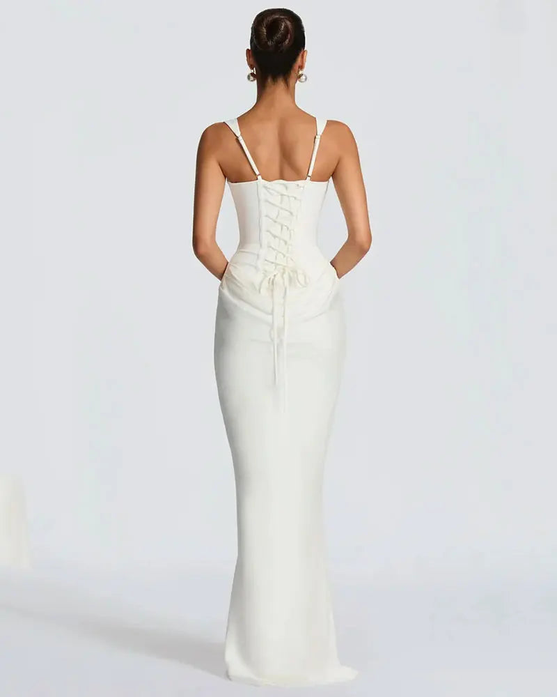 GACVGA Backless Ruched Sexy Maxi Dress Women Elegant Tapered Straps Sleeveless Bodycon Club Party Evening Long Dress