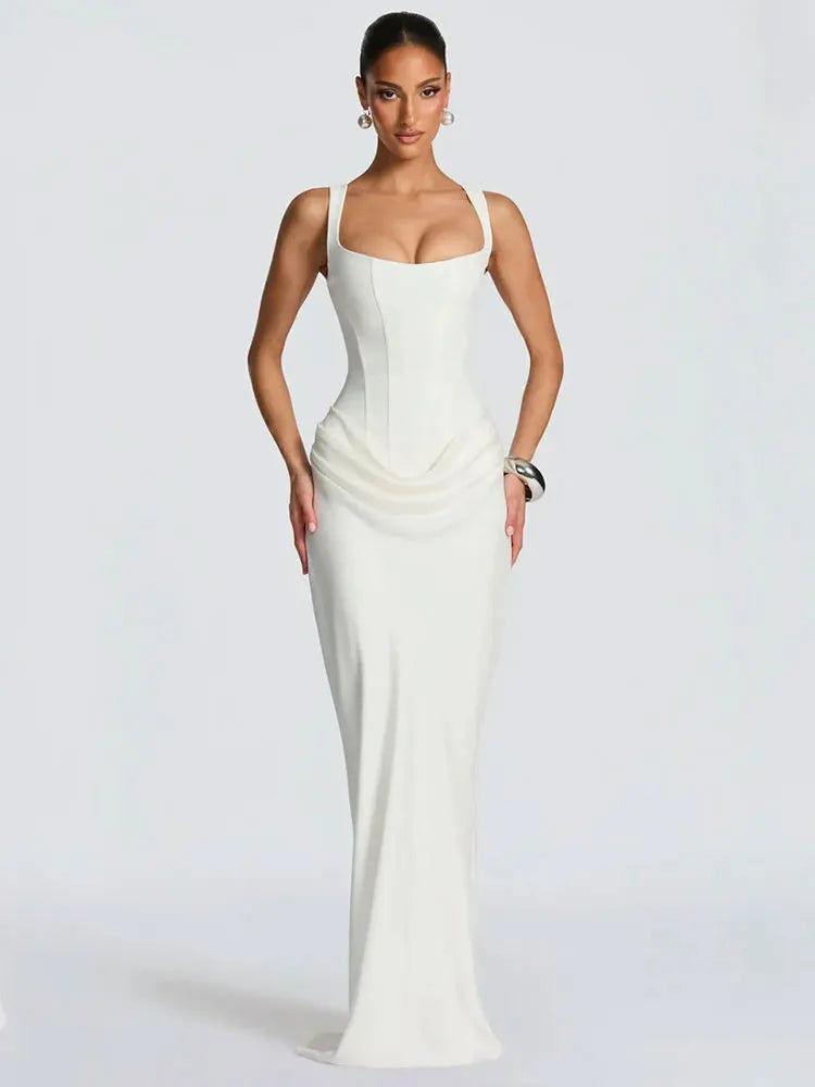 GACVGA Backless Ruched Sexy Maxi Dress Women Elegant Tapered Straps Sleeveless Bodycon Club Party Evening Long Dress