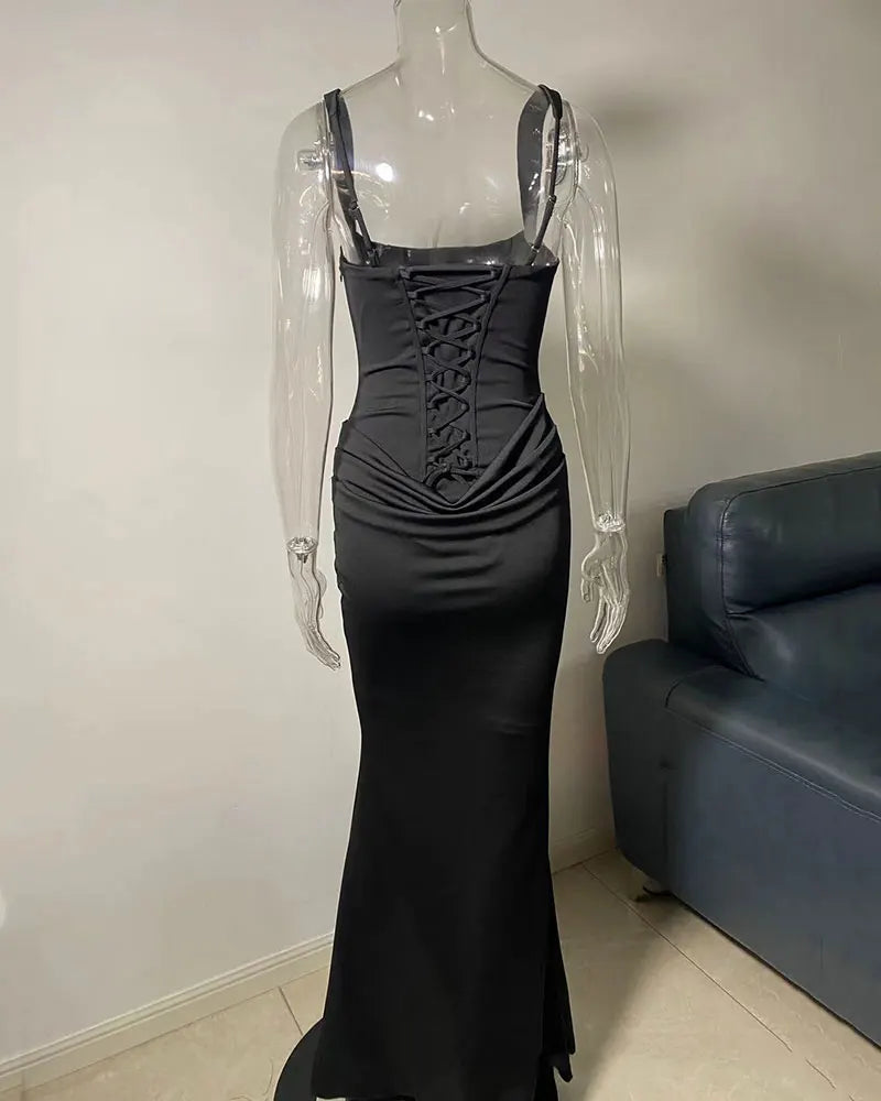 GACVGA Backless Ruched Sexy Maxi Dress Women Elegant Tapered Straps Sleeveless Bodycon Club Party Evening Long Dress