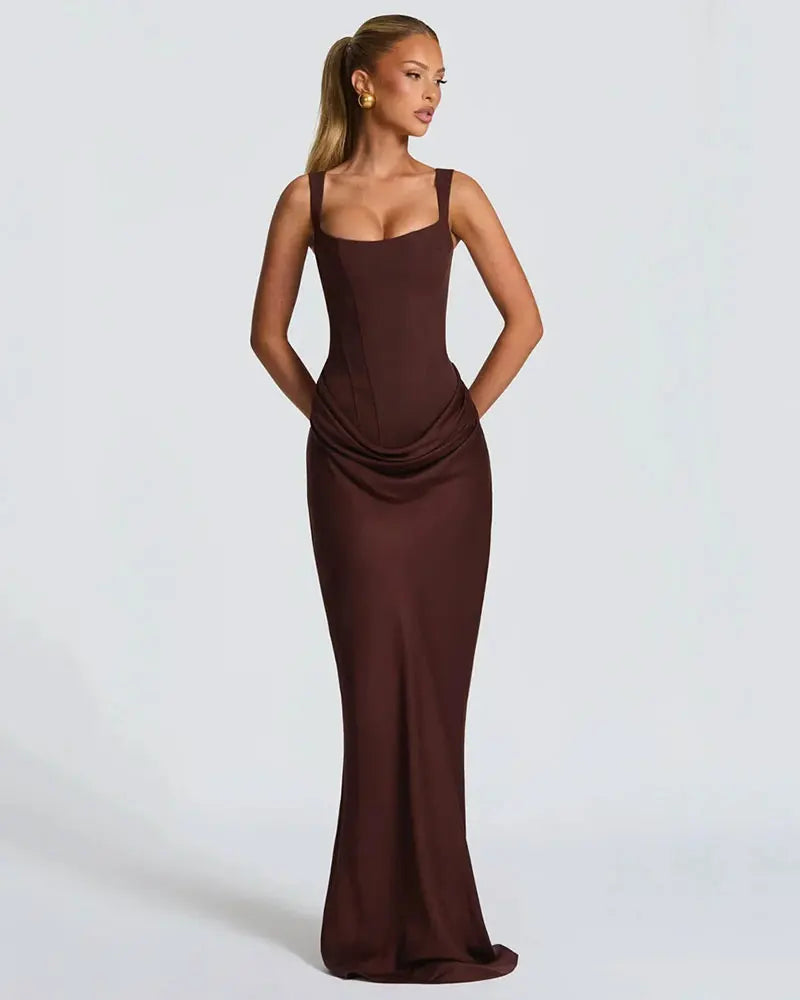 GACVGA Backless Ruched Sexy Maxi Dress Women Elegant Tapered Straps Sleeveless Bodycon Club Party Evening Long Dress