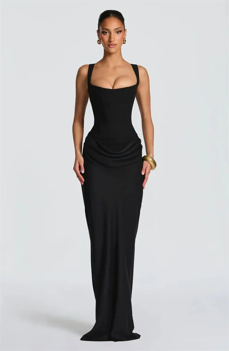 GACVGA Backless Ruched Sexy Maxi Dress Women Elegant Tapered Straps Sleeveless Bodycon Club Party Evening Long Dress