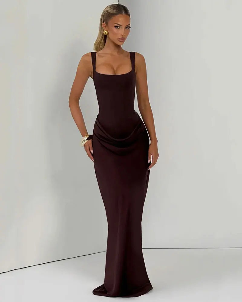 GACVGA Backless Ruched Sexy Maxi Dress Women Elegant Tapered Straps Sleeveless Bodycon Club Party Evening Long Dress