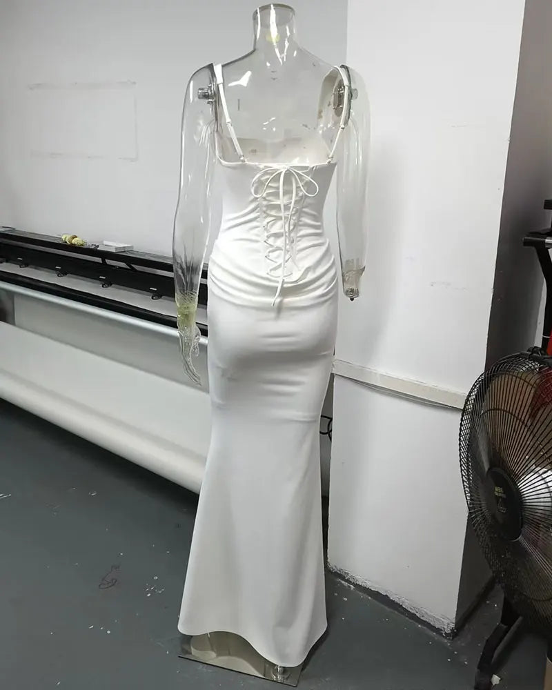 GACVGA Backless Ruched Sexy Maxi Dress Women Elegant Tapered Straps Sleeveless Bodycon Club Party Evening Long Dress