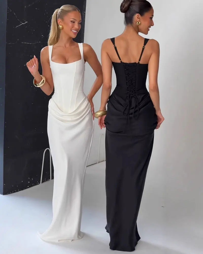 GACVGA Backless Ruched Sexy Maxi Dress Women Elegant Tapered Straps Sleeveless Bodycon Club Party Evening Long Dress