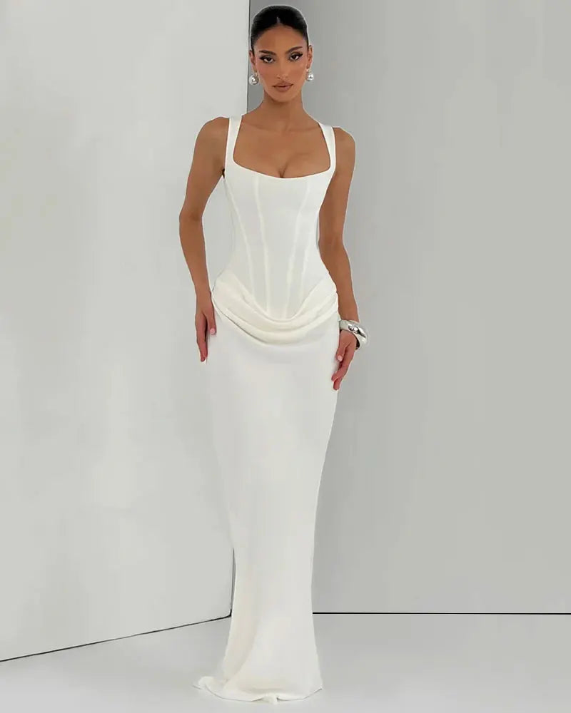 GACVGA Backless Ruched Sexy Maxi Dress Women Elegant Tapered Straps Sleeveless Bodycon Club Party Evening Long Dress