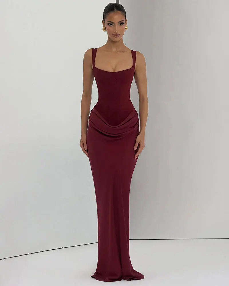 GACVGA Backless Ruched Sexy Maxi Dress Women Elegant Tapered Straps Sleeveless Bodycon Club Party Evening Long Dress