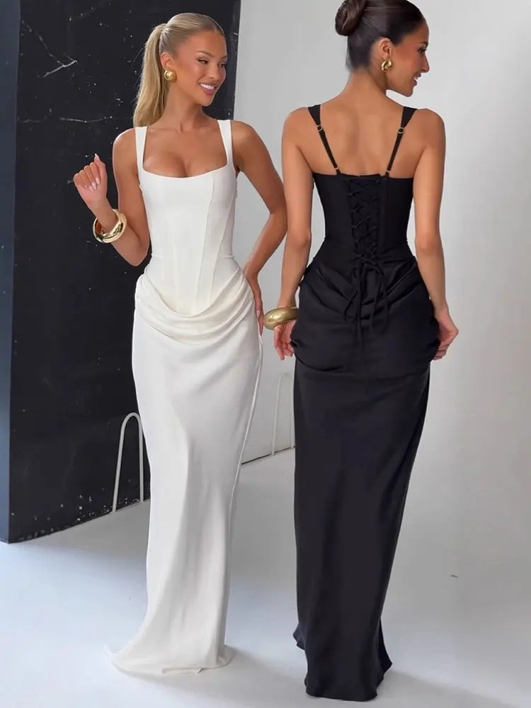 GACVGA Backless Ruched Sexy Maxi Dress Women Elegant Tapered Straps Sleeveless Bodycon Club Party Evening Long Dress