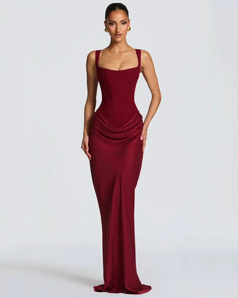 GACVGA Backless Ruched Sexy Maxi Dress Women Elegant Tapered Straps Sleeveless Bodycon Club Party Evening Long Dress