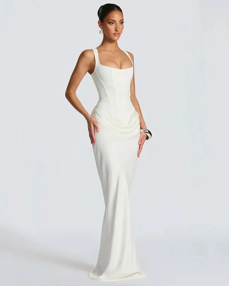 GACVGA Backless Ruched Sexy Maxi Dress Women Elegant Tapered Straps Sleeveless Bodycon Club Party Evening Long Dress