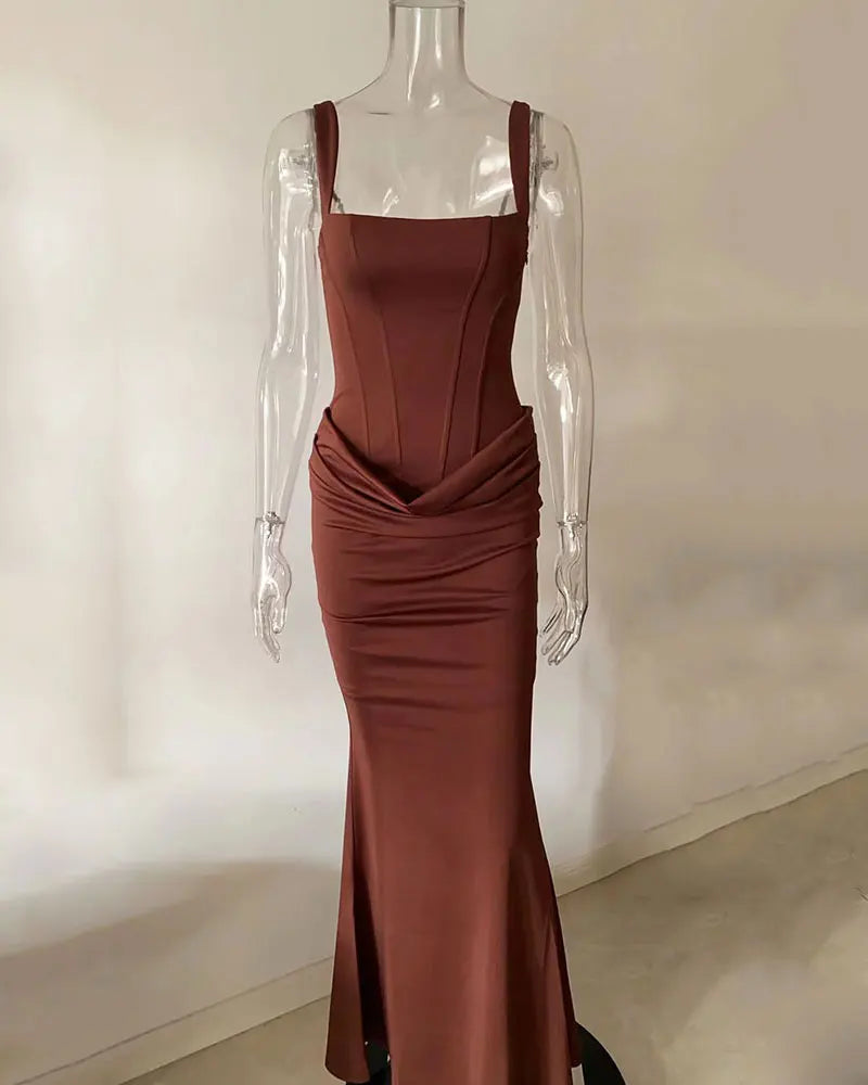 GACVGA Backless Ruched Sexy Maxi Dress Women Elegant Tapered Straps Sleeveless Bodycon Club Party Evening Long Dress