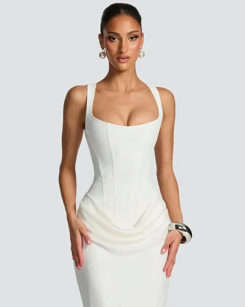 GACVGA Backless Ruched Sexy Maxi Dress Women Elegant Tapered Straps Sleeveless Bodycon Club Party Evening Long Dress