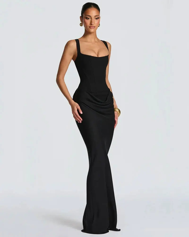 GACVGA Backless Ruched Sexy Maxi Dress Women Elegant Tapered Straps Sleeveless Bodycon Club Party Evening Long Dress
