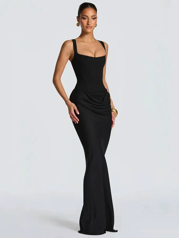 GACVGA Backless Ruched Sexy Maxi Dress Women Elegant Tapered Straps Sleeveless Bodycon Club Party Evening Long Dress