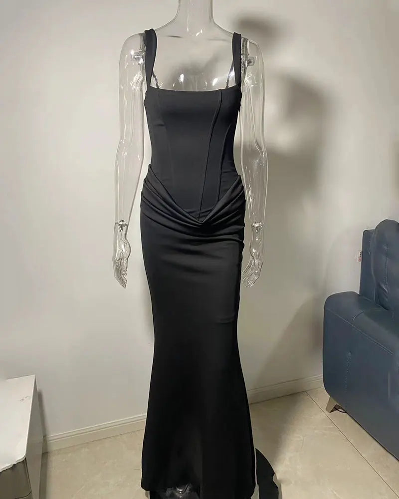 GACVGA Backless Ruched Sexy Maxi Dress Women Elegant Tapered Straps Sleeveless Bodycon Club Party Evening Long Dress