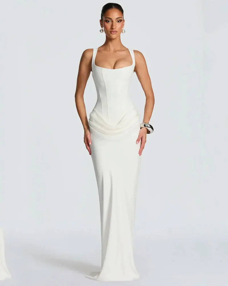 GACVGA Backless Ruched Sexy Maxi Dress Women Elegant Tapered Straps Sleeveless Bodycon Club Party Evening Long Dress