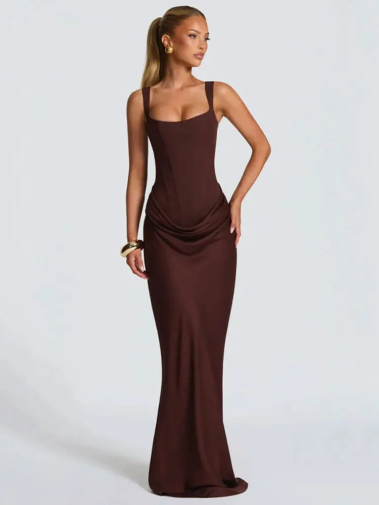 GACVGA Backless Ruched Sexy Maxi Dress Women Elegant Tapered Straps Sleeveless Bodycon Club Party Evening Long Dress