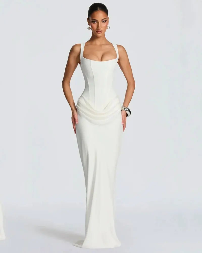 GACVGA Backless Ruched Sexy Maxi Dress Women Elegant Tapered Straps Sleeveless Bodycon Club Party Evening Long Dress