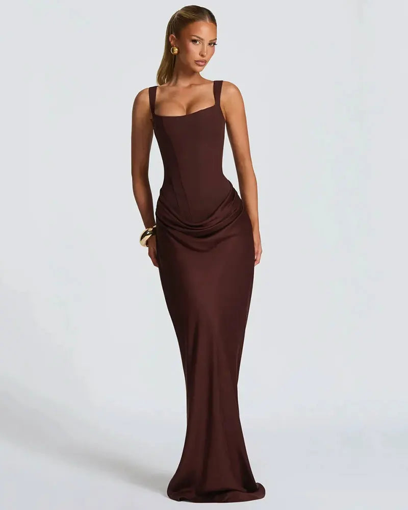 GACVGA Backless Ruched Sexy Maxi Dress Women Elegant Tapered Straps Sleeveless Bodycon Club Party Evening Long Dress