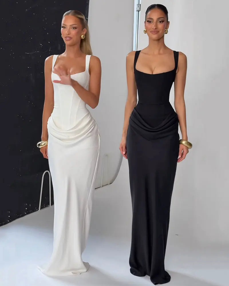 GACVGA Backless Ruched Sexy Maxi Dress Women Elegant Tapered Straps Sleeveless Bodycon Club Party Evening Long Dress