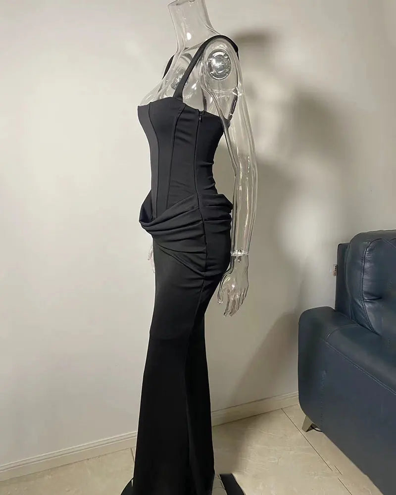 GACVGA Backless Ruched Sexy Maxi Dress Women Elegant Tapered Straps Sleeveless Bodycon Club Party Evening Long Dress