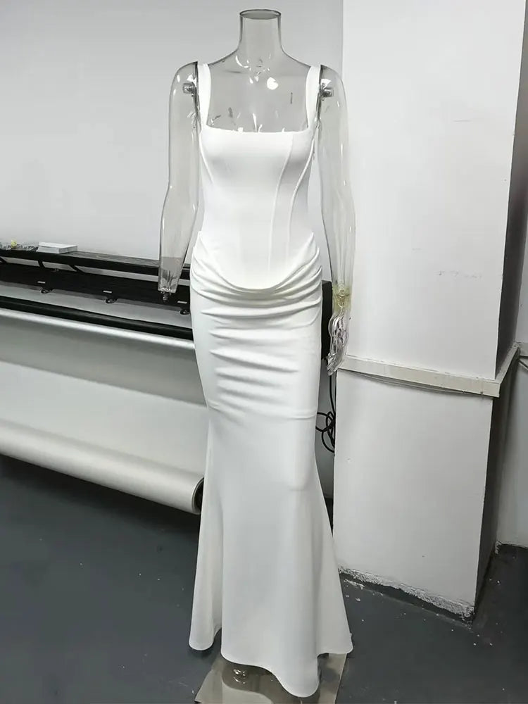 GACVGA Backless Ruched Sexy Maxi Dress Women Elegant Tapered Straps Sleeveless Bodycon Club Party Evening Long Dress